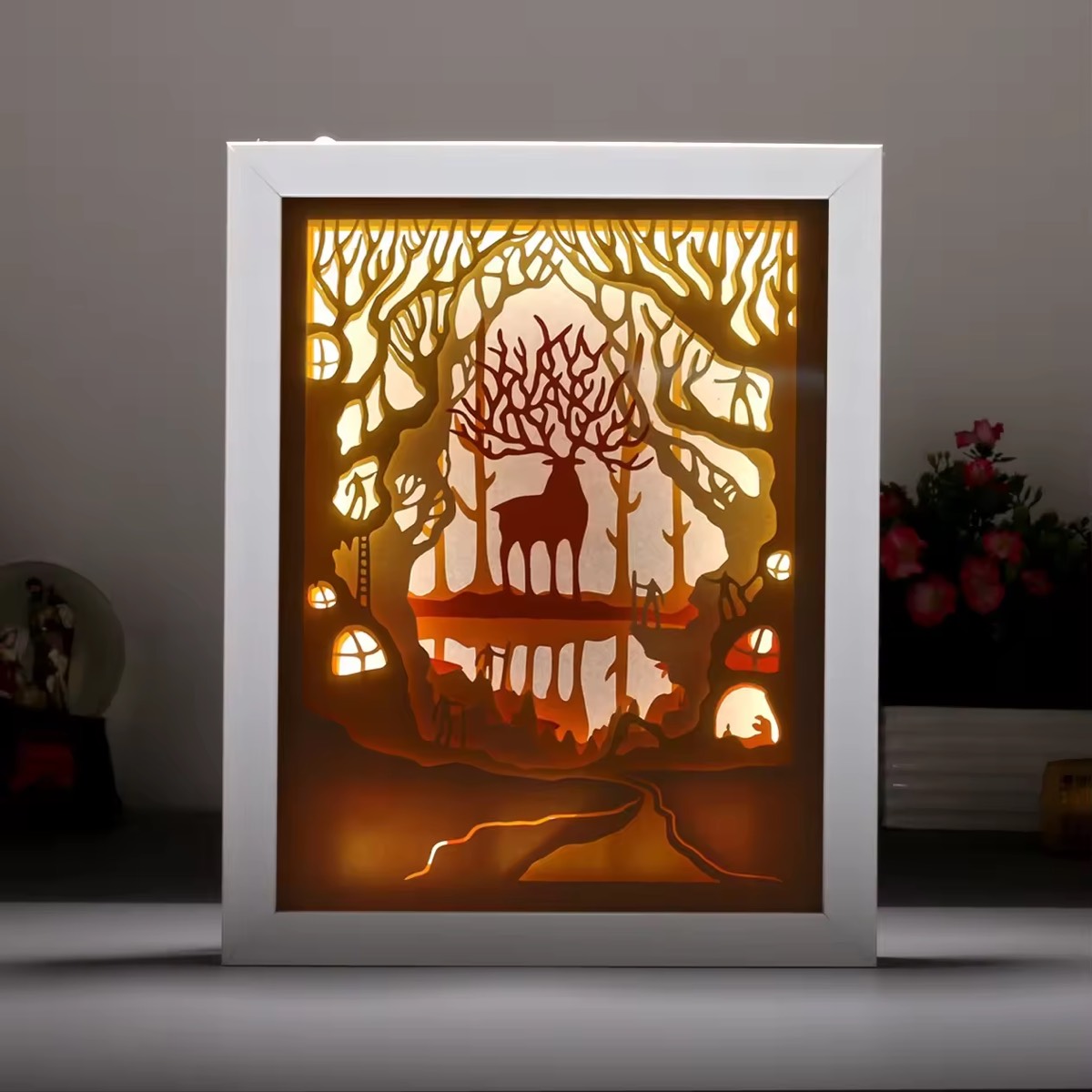Woodland deer papercut light box with warm LED