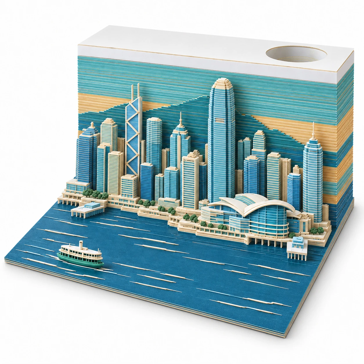 Hong Kong Victoria Harbour 3D memo pad viewed from the water side, showing harbour, ferry and city towers