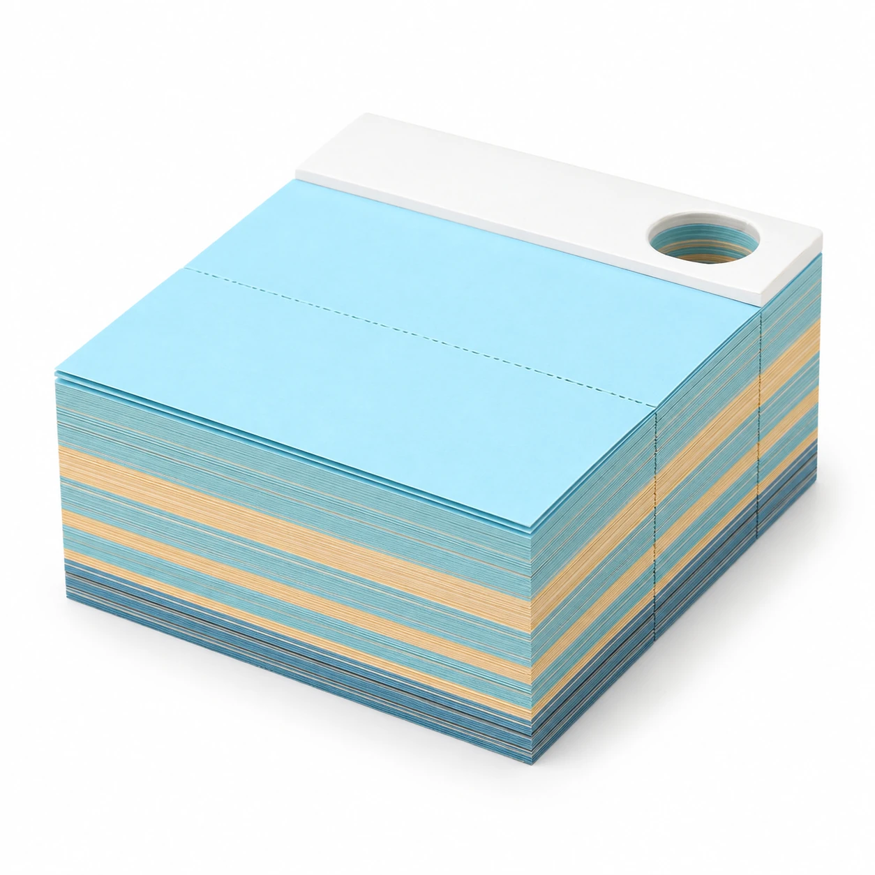 Intact 3D memo pad block with pen-holder top before any sheets are removed