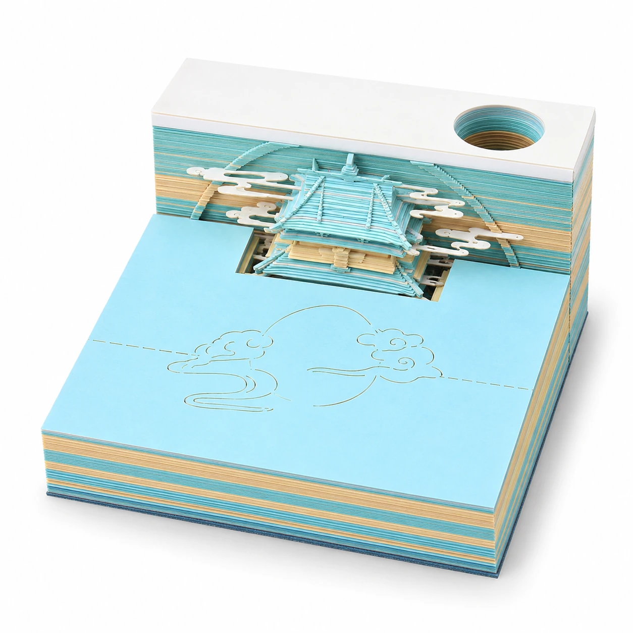 3D memo pad with one third of the sheets removed, layered palace scene beginning to appear