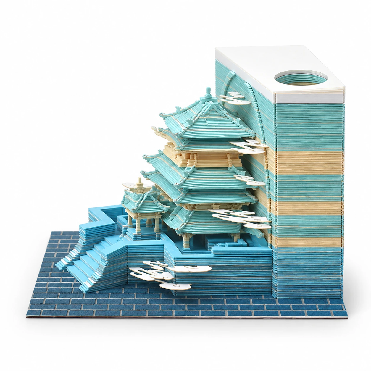 Celestial palace 3D memo pad in side view, showing layered paper architecture and cloud details